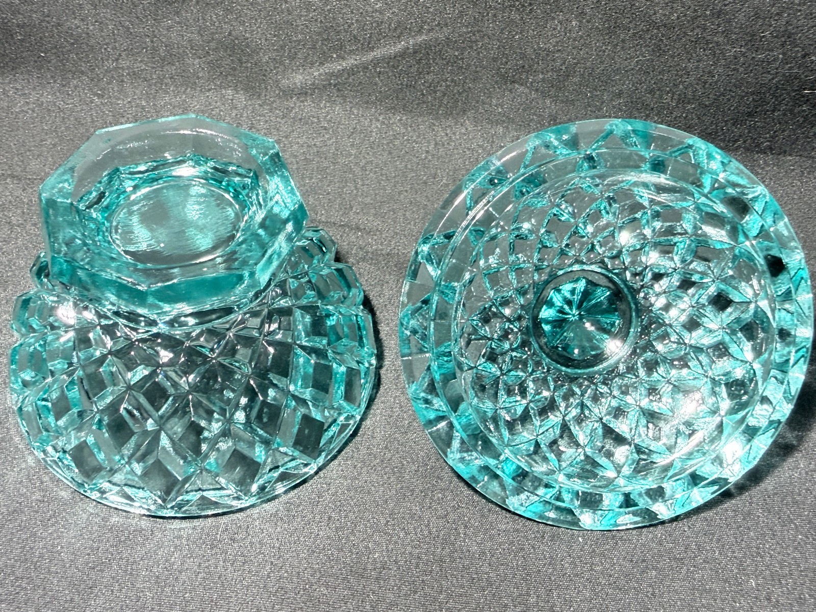 Teal Green Vaseline Uranium glass covered candy dish coffee sugar jar bowl pink