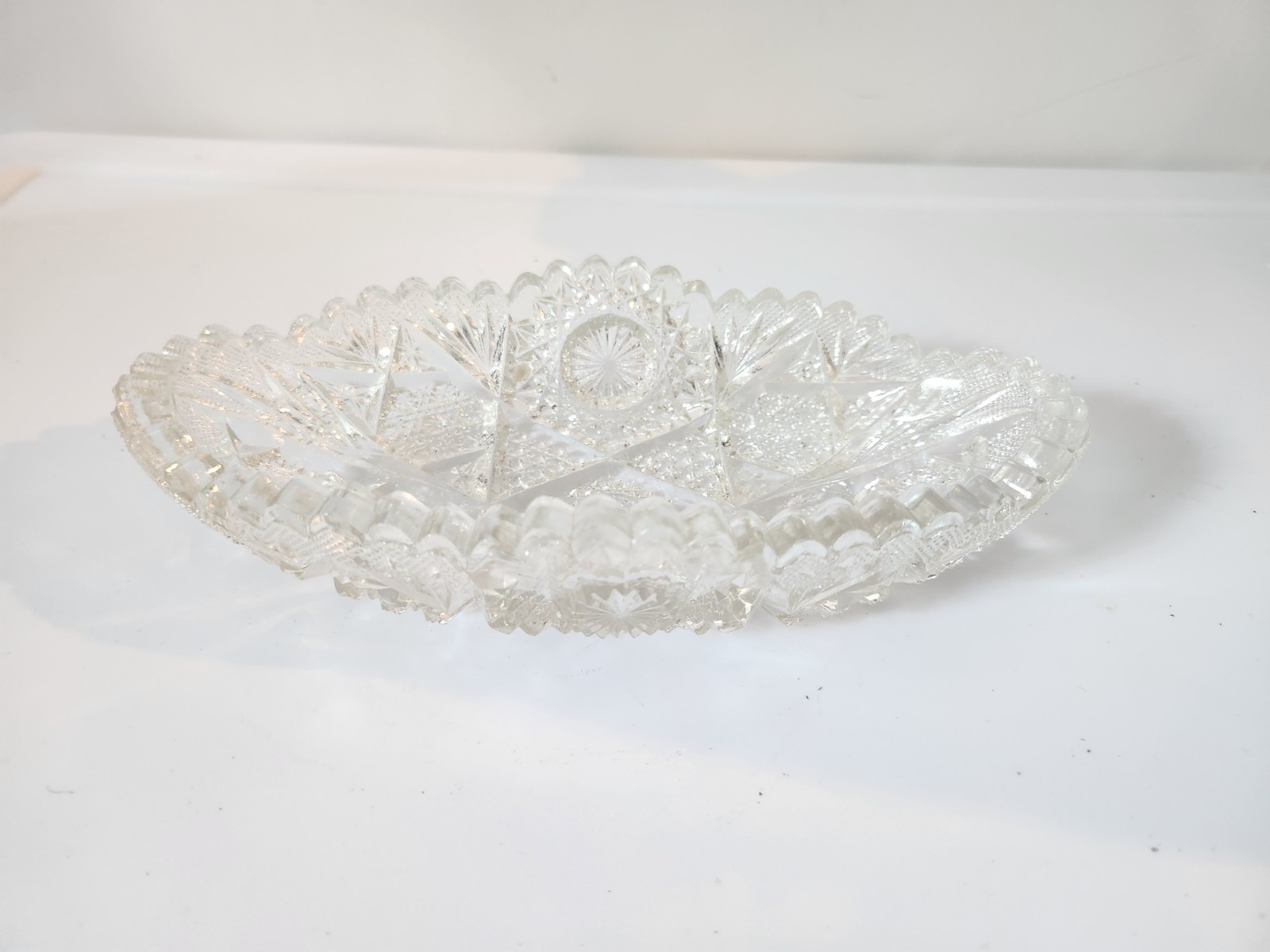 Antique American Brilliant Cut Glass Crystal Boat Dish 8″