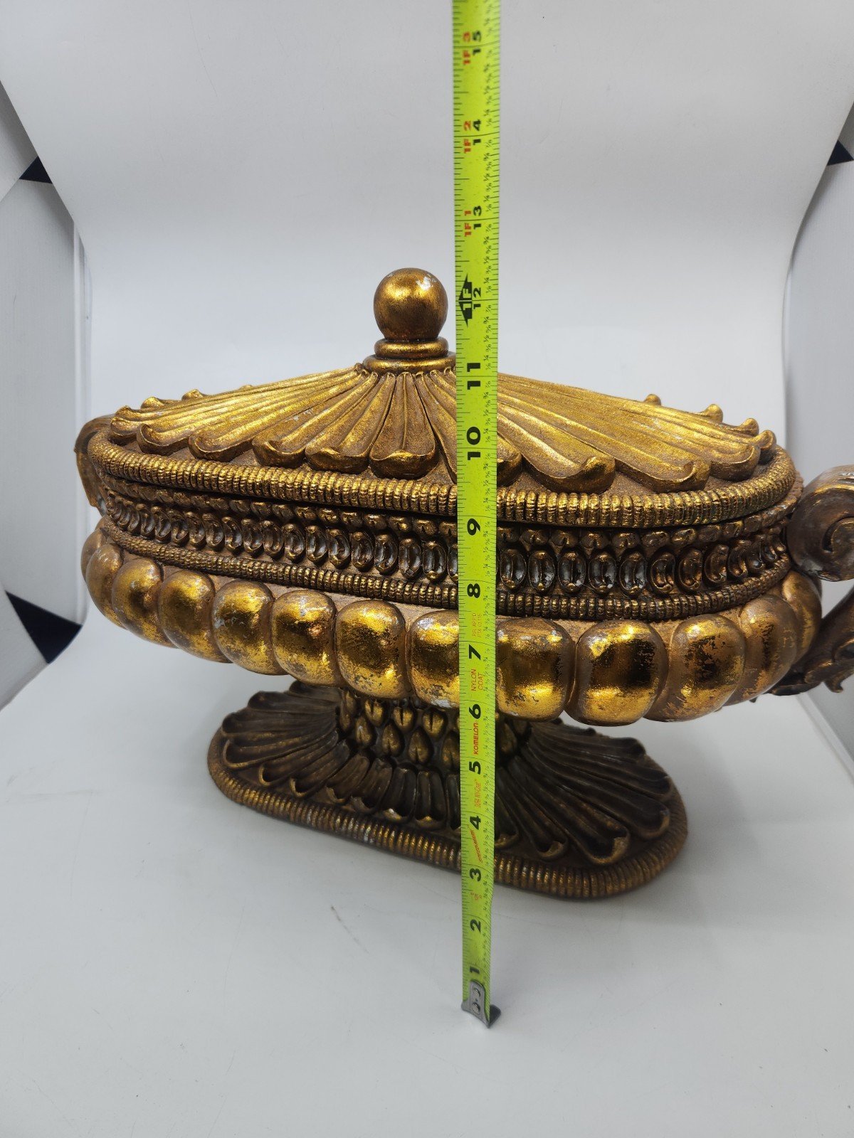 Large Hollywood Regency Gold Covered Tureen Urn Centerpiece Pedestal Bowl 21″
