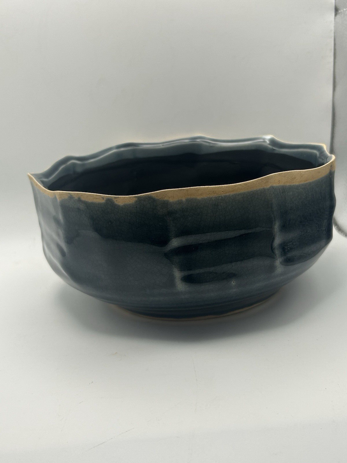 Studio Pottery Hand Crafted Tan & Blue Drip Glaze Stoneware Ceramic Bowl USA