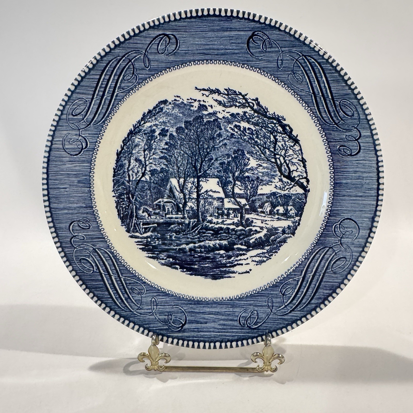 Royal China Currier & Ives Blue & White 10in Dinner Plate “The Old Grist Mill”