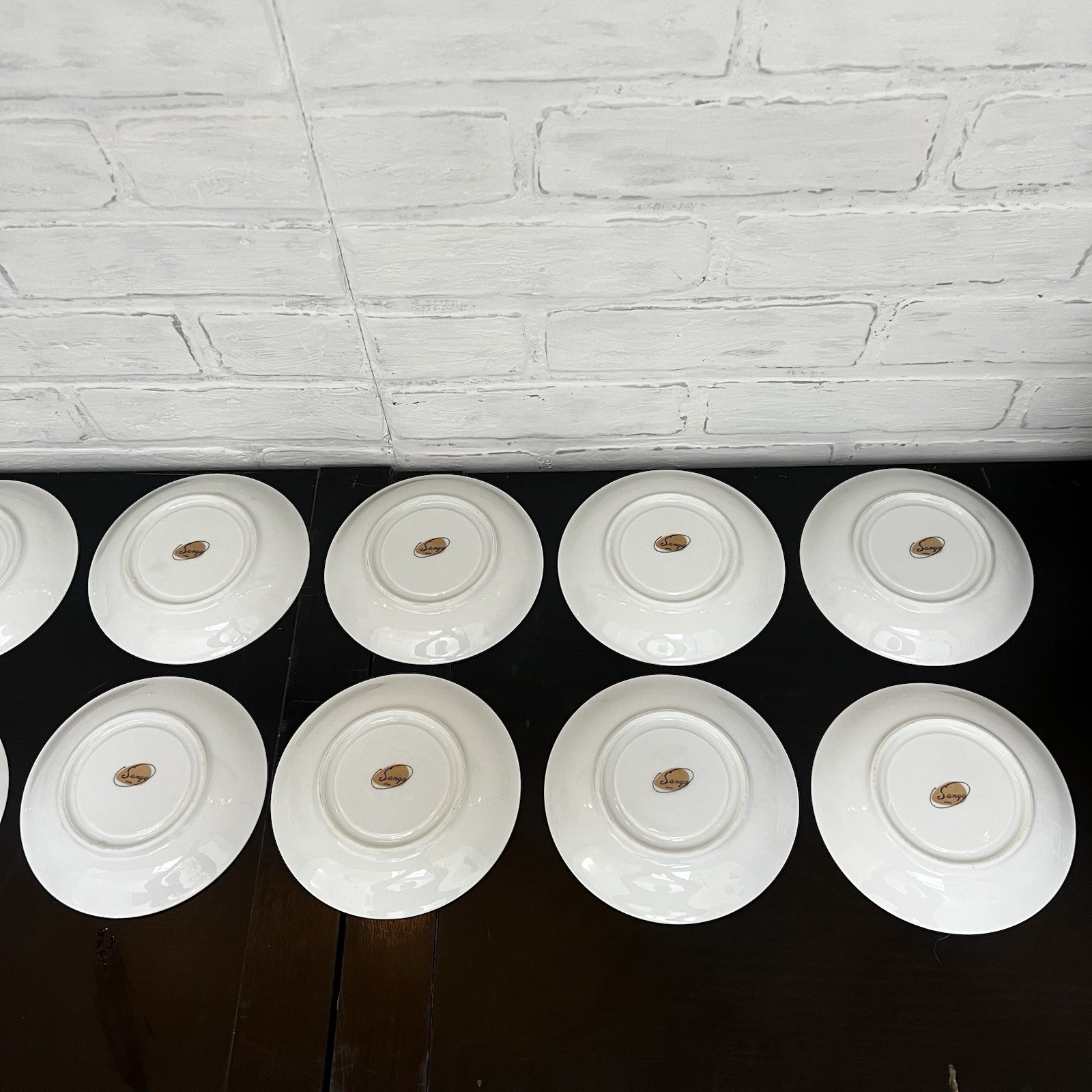 Vintage Sango Japan Sheffield Plates and Saucers Celadon Silver Rim- 22 Pc Lot