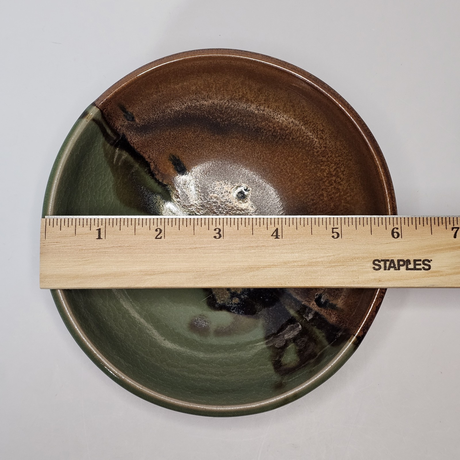 Studio Art Pottery Golden Green & Brown Drip Crackle Glaze Ceramic Bowl