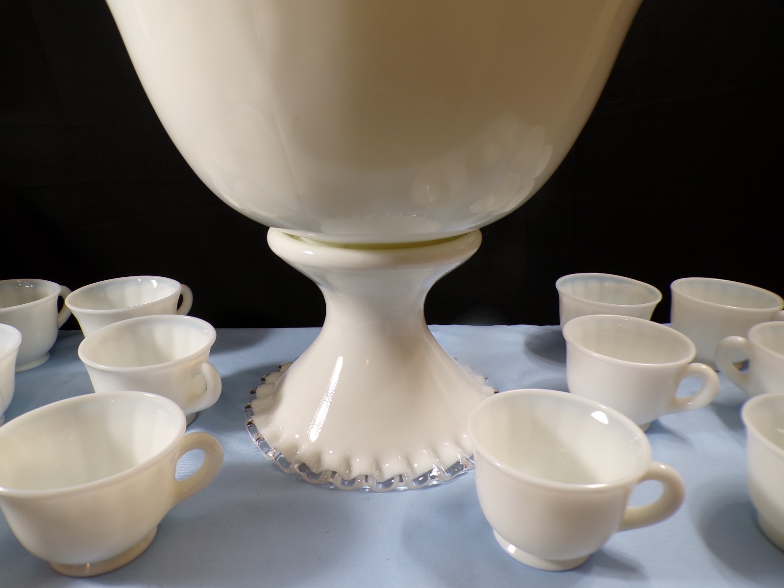 Very Large Fenton Milk Glass Silver Crest Punch Bowl Set w/ Stand & 12 Cups