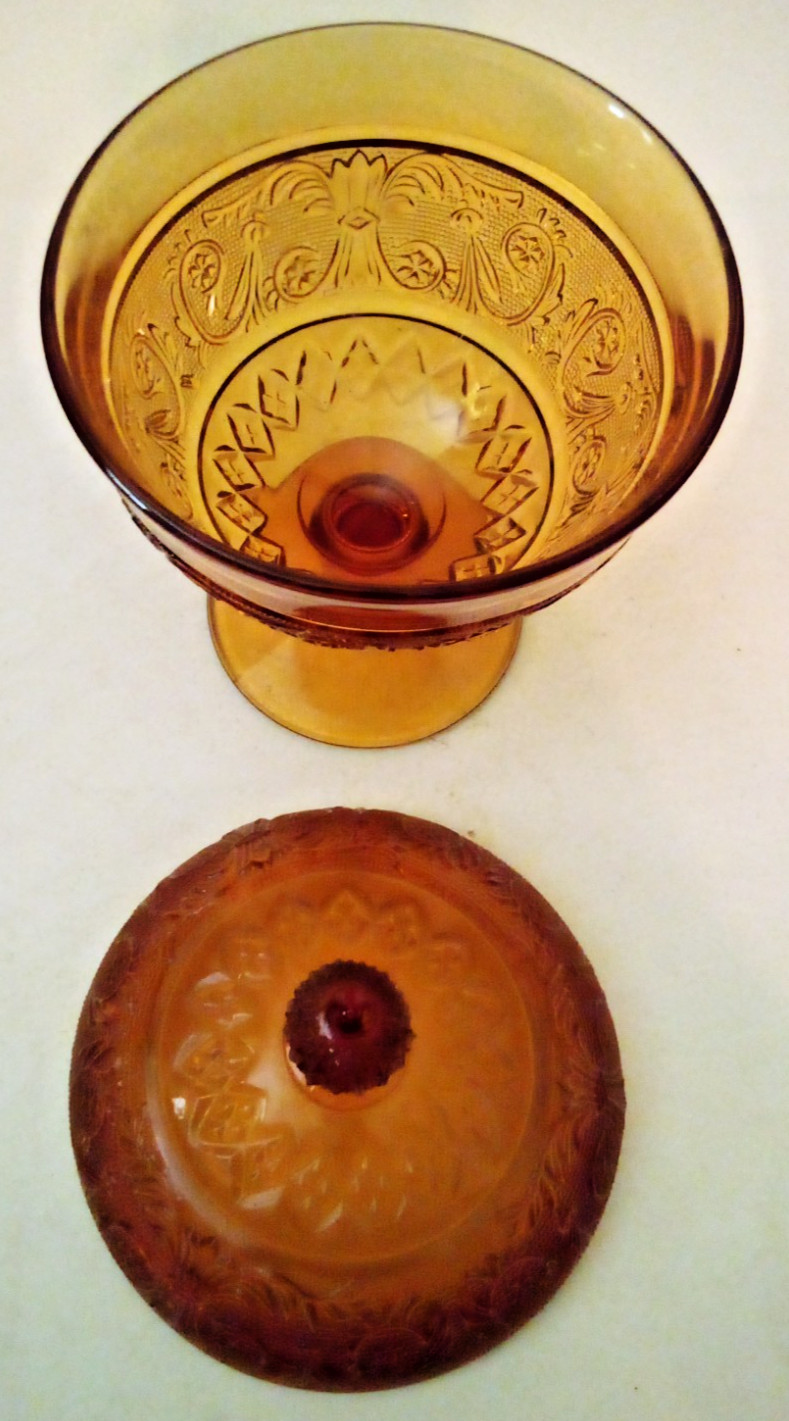 VTG TIARA INDIANA GLASS AMBER SANDWICH CANDY NUT DISH W/LID 8.5″ Ad