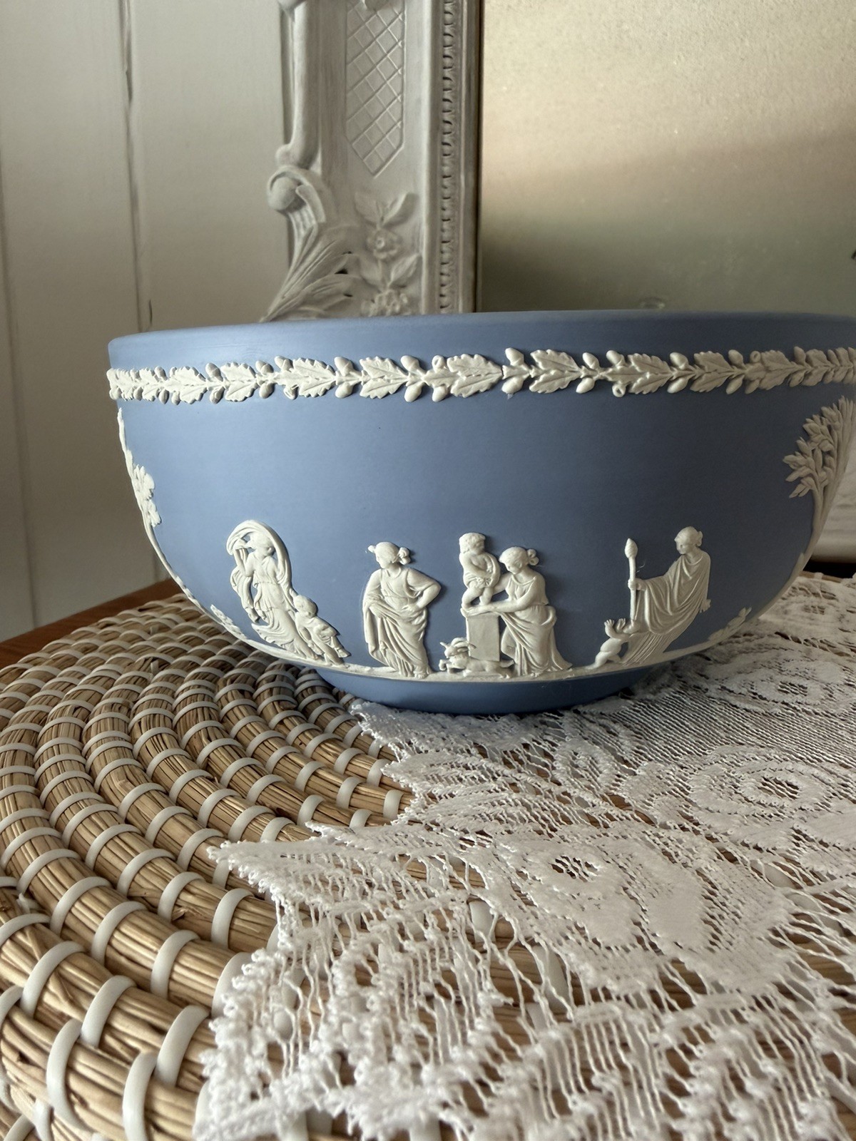 Vintage Wedgwood Blue Jasperware Neoclassical Sacrifice 8″ Bowl -Made in England