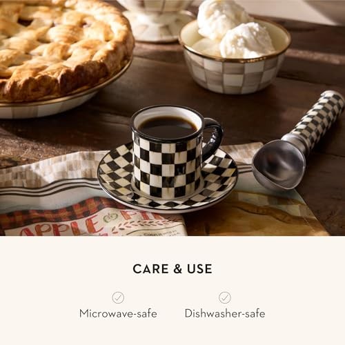 MACKENZIE-CHILDS Set of 2 Stoneware Espresso Cup and Saucer, Cute Courtly Check