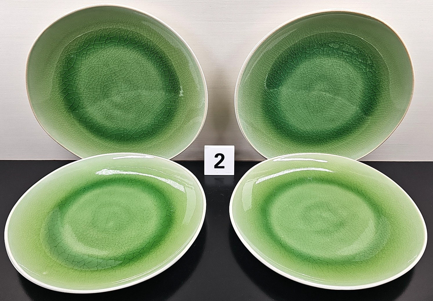 8 Roscher Crackle Glass Green Dinner Plates Set Elegant Stoneware Table Dish Lot