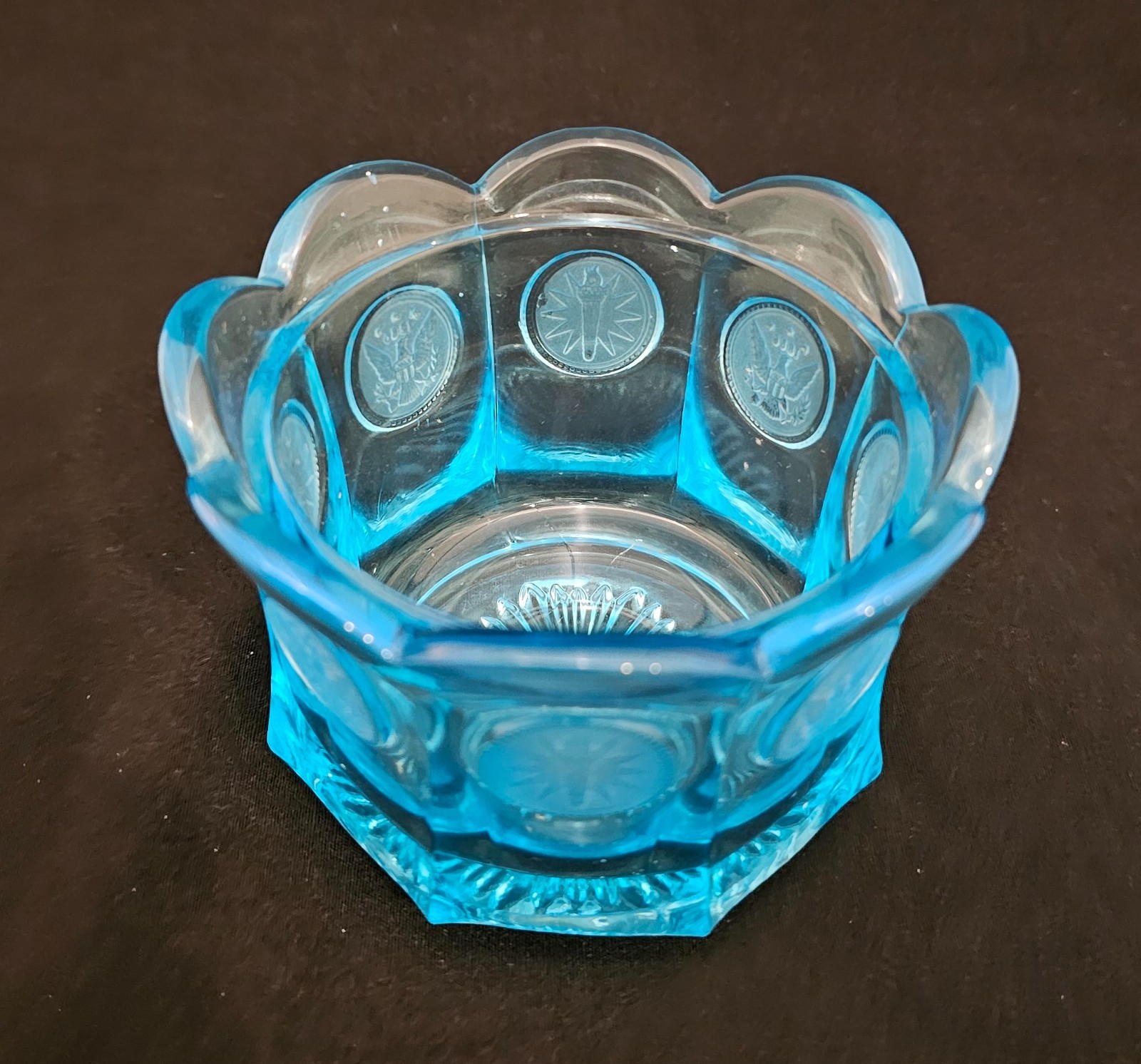 Vintage Fostoria Blue Coin Glass Covered Candy Dish with Lid 5 1/2 inches