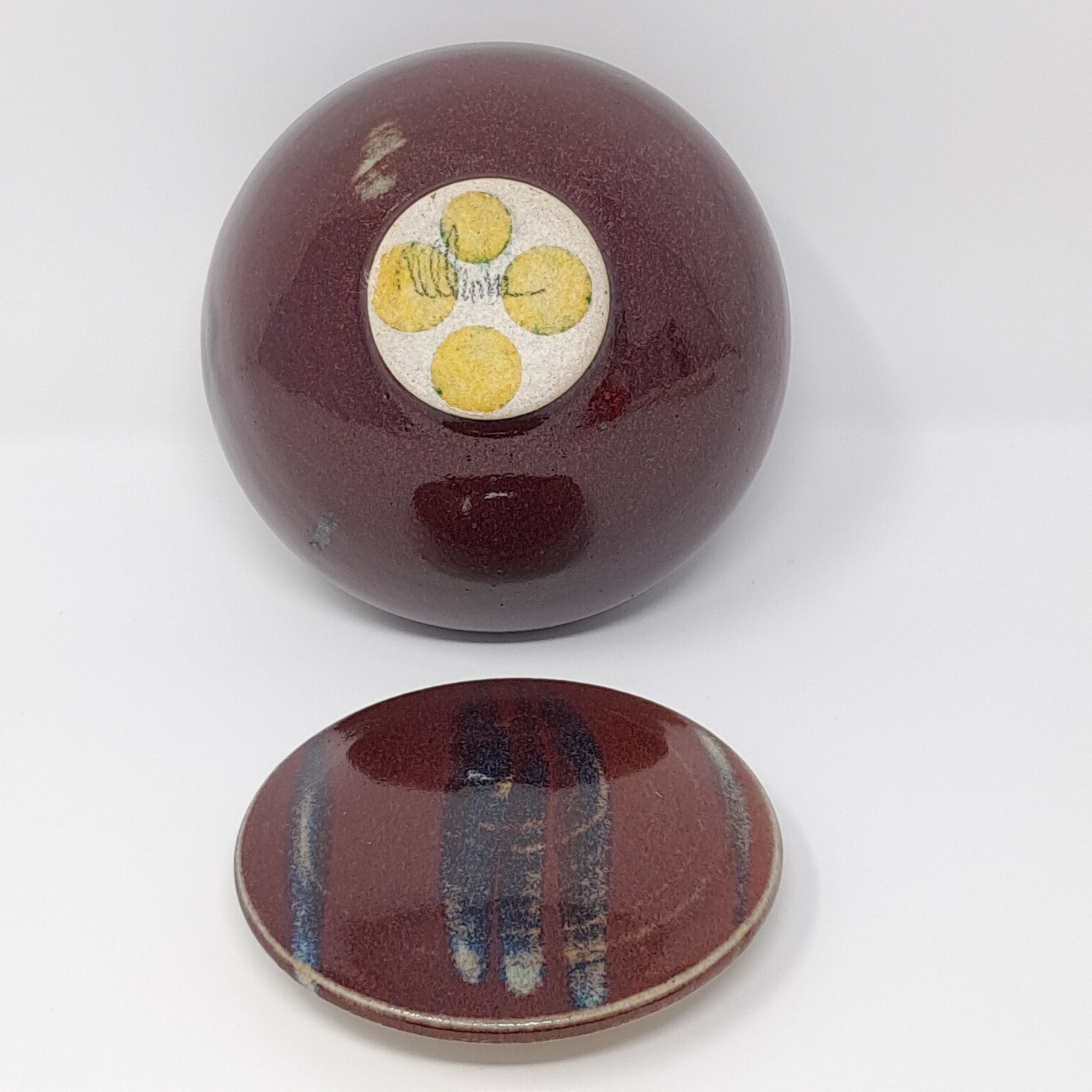 Stoneware Pottery Jar w/ Lid onion shape Deep Red w/ Blue signed