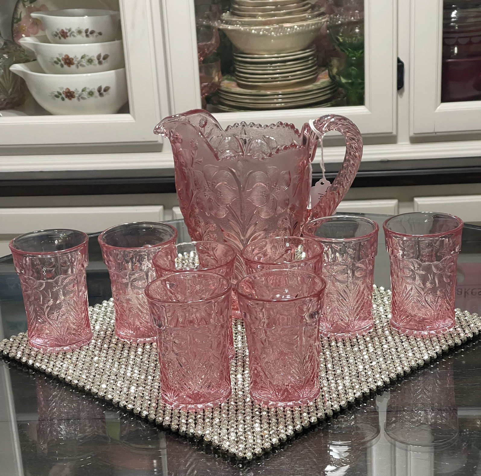 NEW! L E Smith Dogwood Pink Pitcher & Eight 4.25” Tumblers 8 oz w Original Boxes