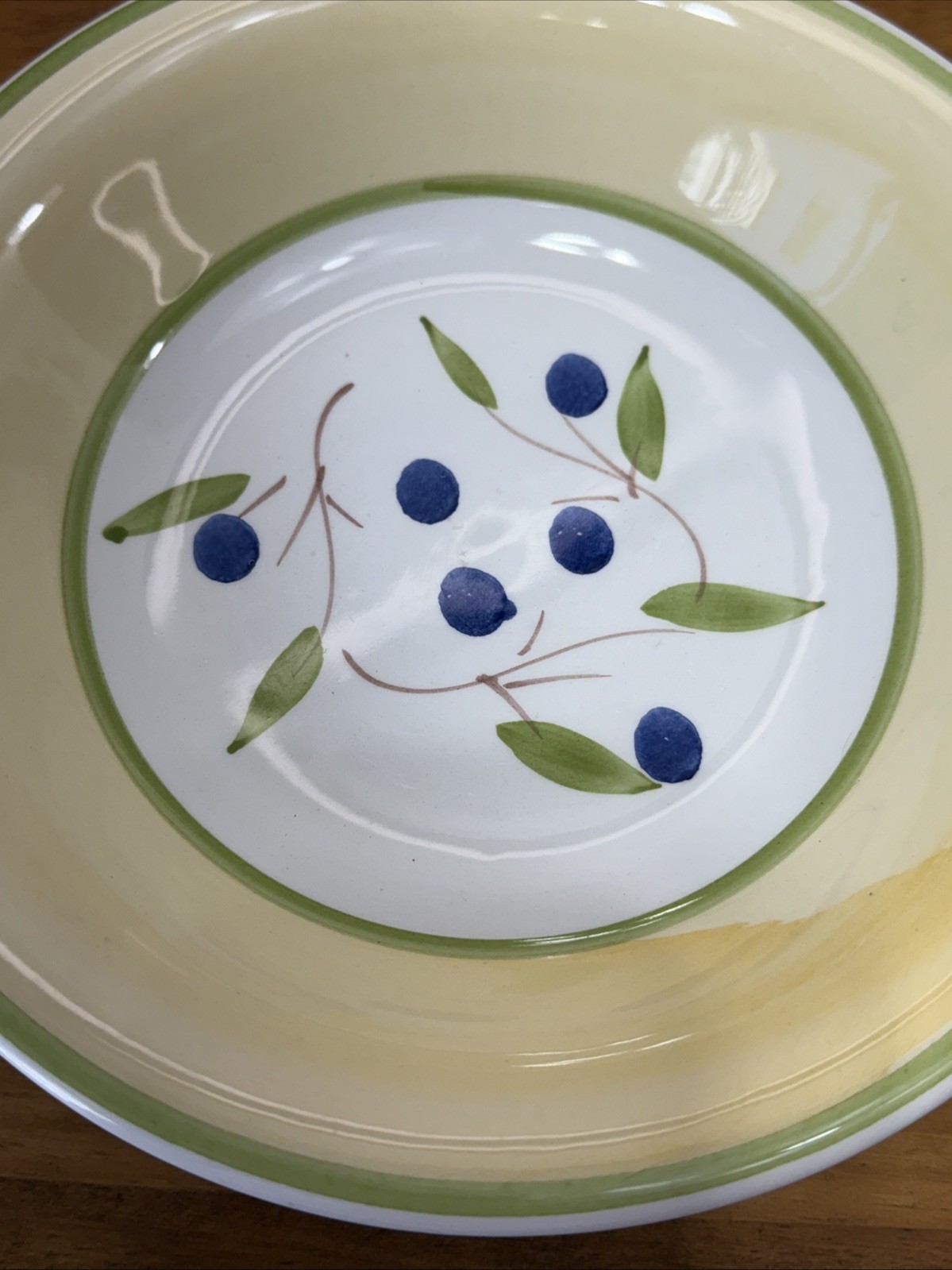 Vintage CMS Italy Hand Painted Blue Berry Bowl 8.25” Yellow Green Rim