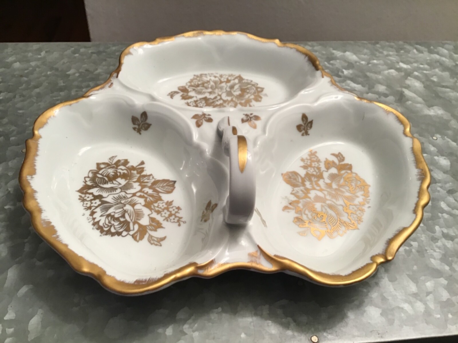 Vintage Fonde en 1789 Gold trim Porcelain Serving Dish Hand Painted in France