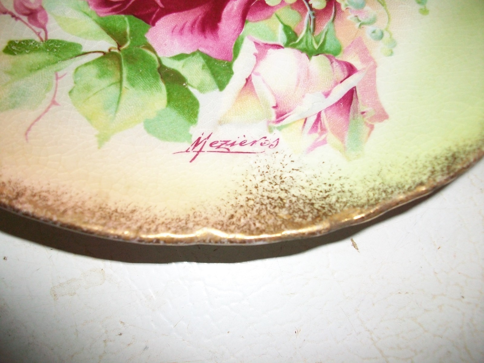 Antique French Limoges Porcelain Plate 8.5″-signed Mezieres-Pink roses 1900’s