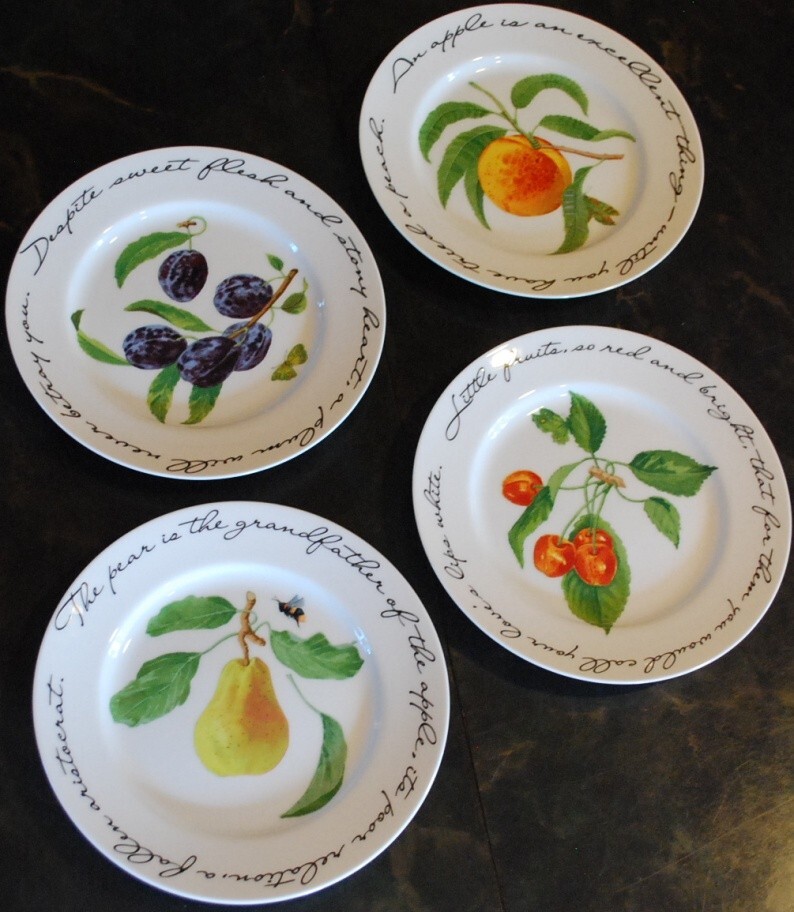 Vintage Set 4 ORCHARD SUITE Williams Sonoma Dessert Plates FRUIT/POETRY 7 7/8″