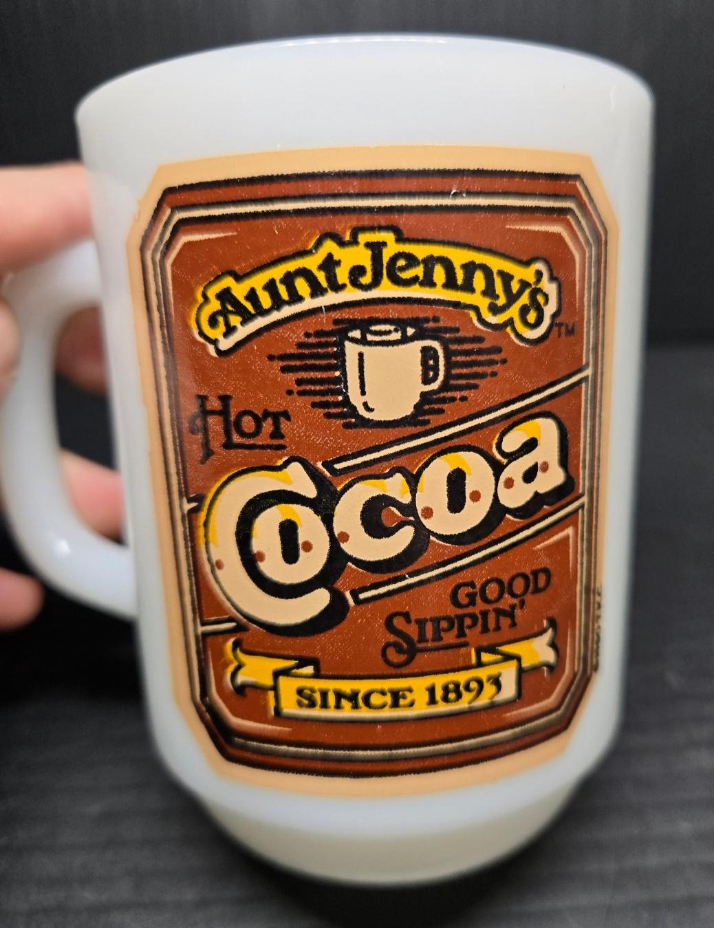 Set of 3 Vintage 1980s Anchor Hocking Aunt Jenny’s Cocoa & Tea Milk Glass Mugs