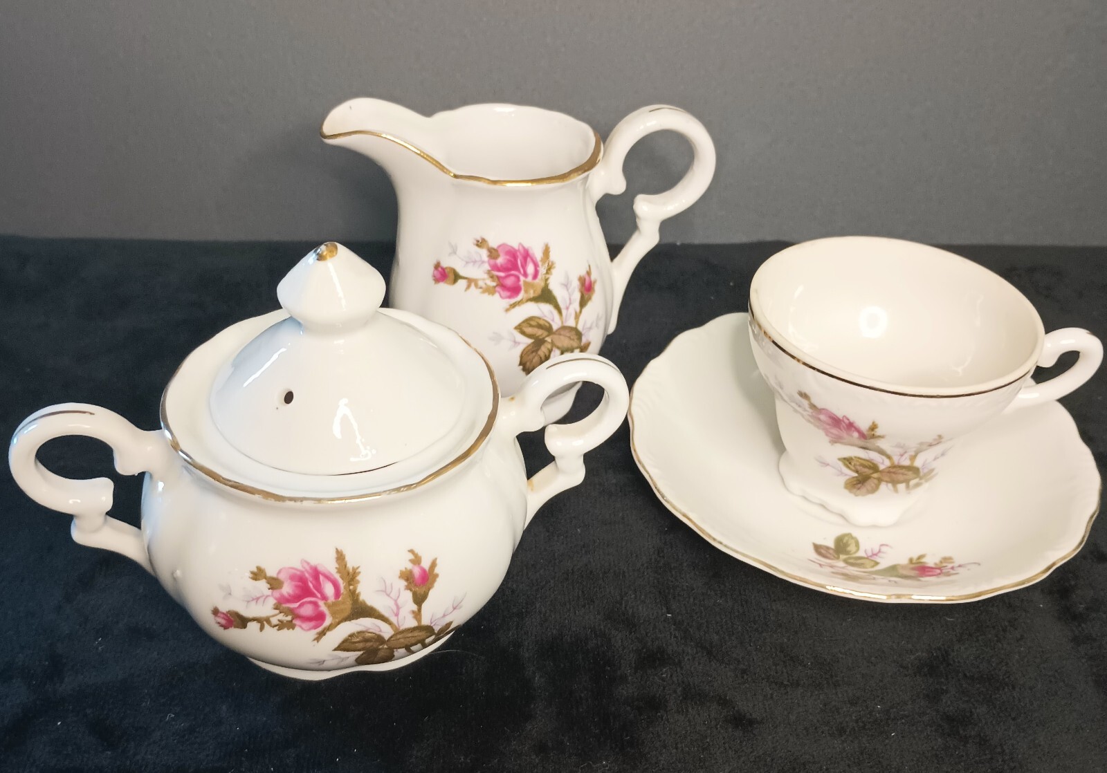 Small China Tea cup and saucer, Creamer, and Sugar bowl with lid / Japan