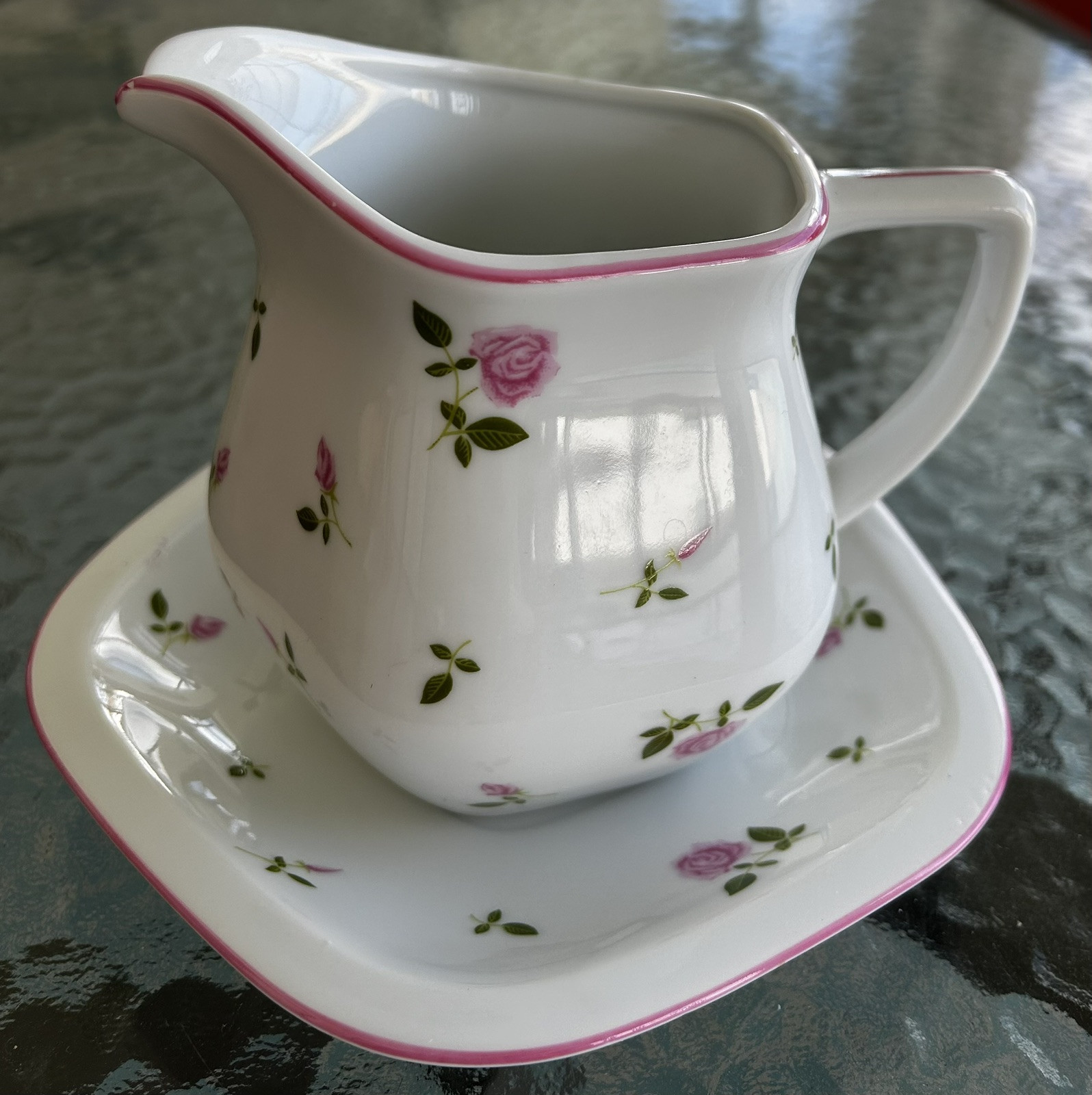Vintage Andre Richard Porcelain Pink Rose Creamer Pitcher/Saucer Japan
