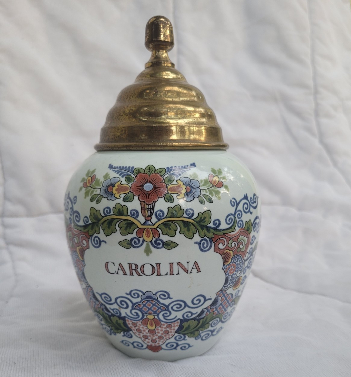 Delft Floral Cydia Out 7 StoneJar w/ Brass Lid, Made in Holland, Medium 5 in