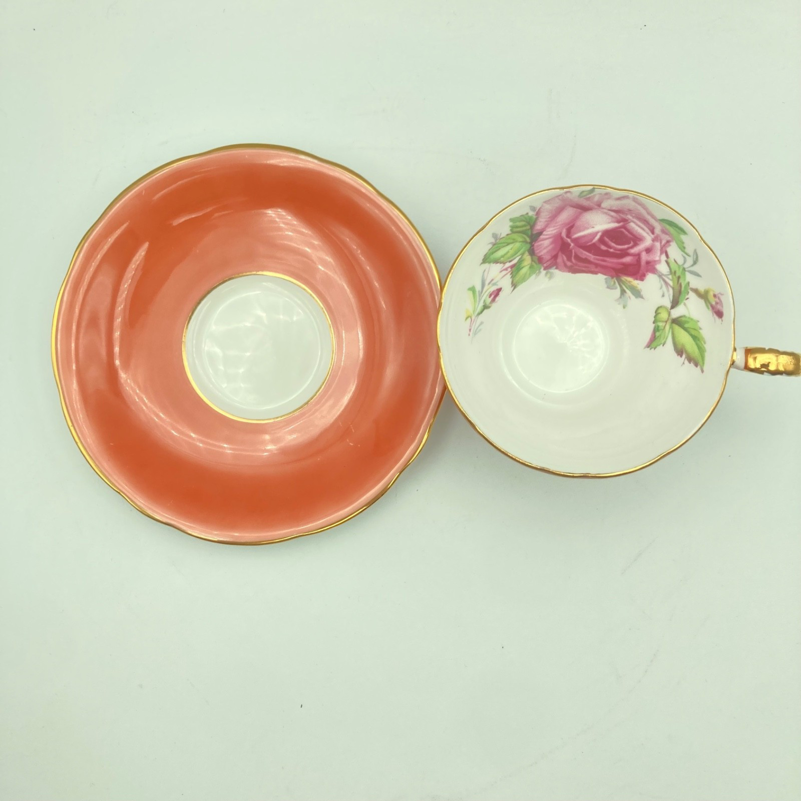 Cabbage Rose Tea Cup & Saucer Aynsley Coral Bone China England Gold Trim