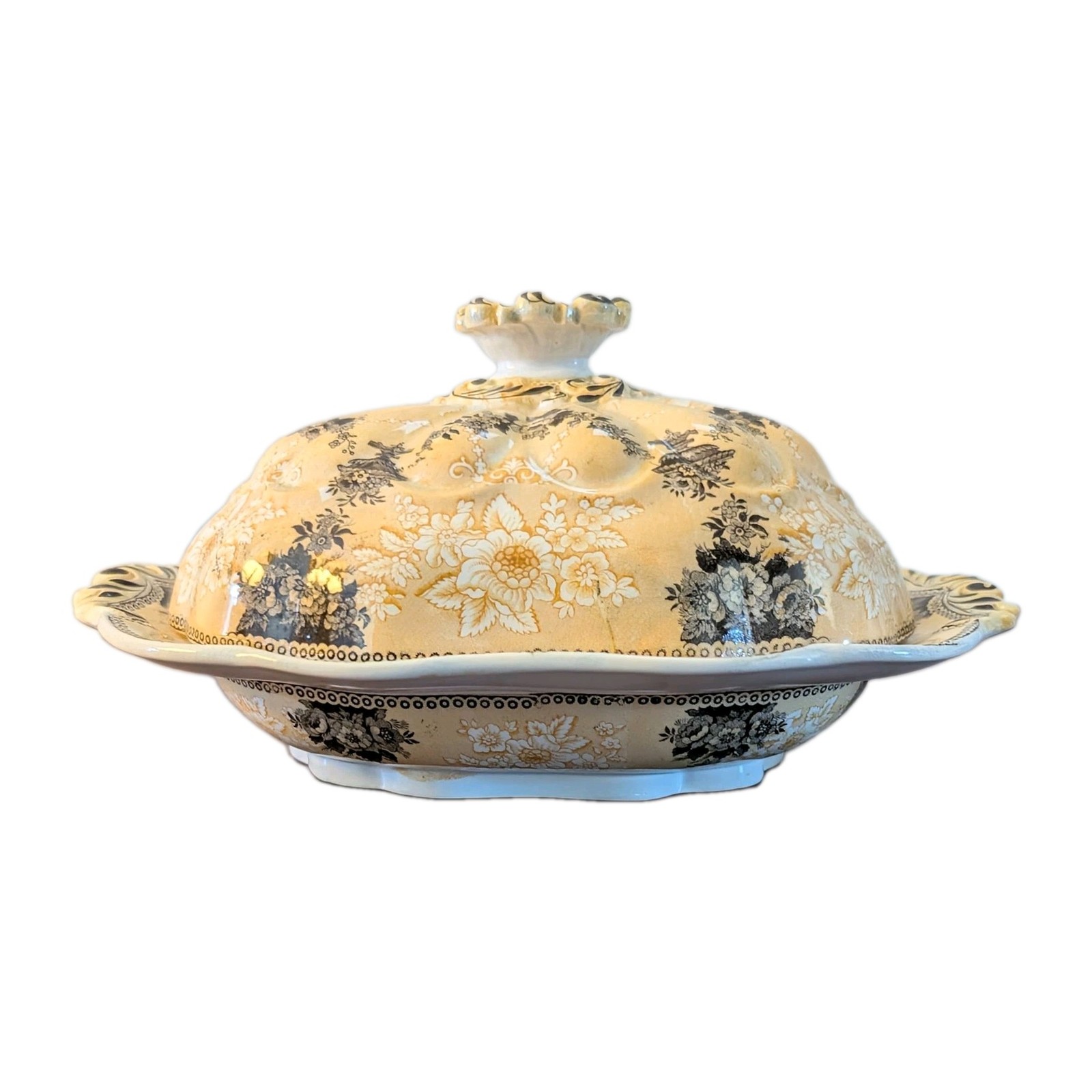 Rare 1830s Two Color Yellow and Brown Transferware Covered Bowl~Etruscan Festoon