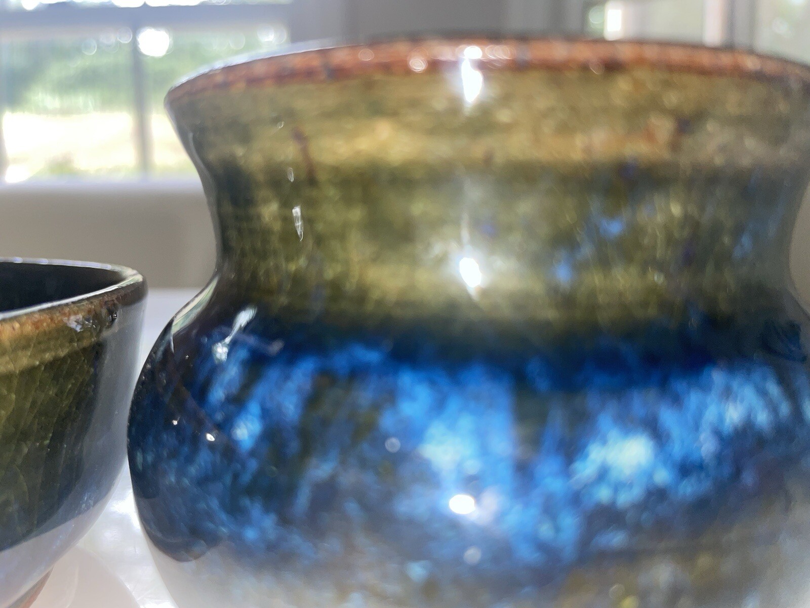 2 Pc Signed Studio Pottery Planter / Saucer Moody Blue Drip Ceramic Hand Thrown