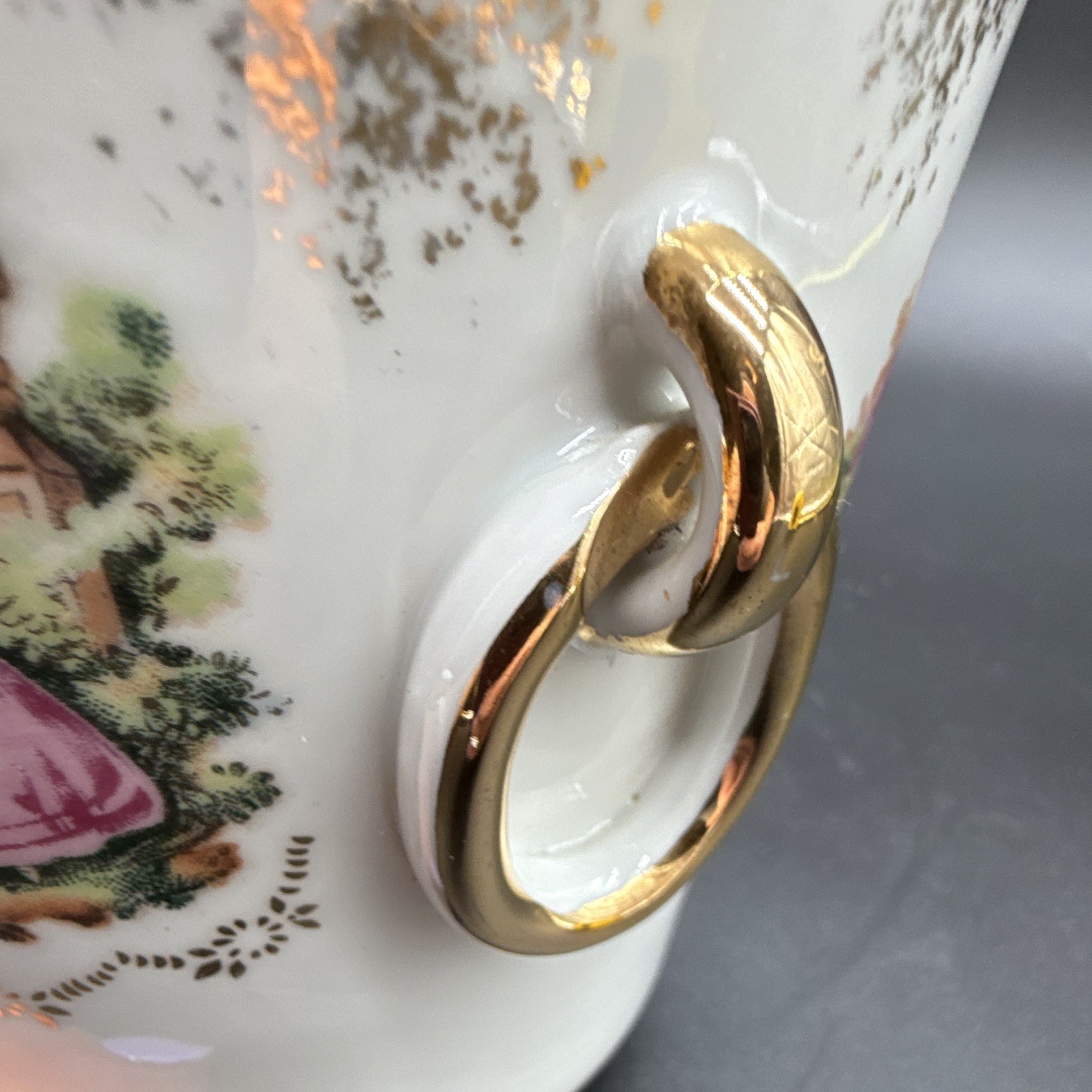 Japan White Ceramic Footed Bowl Gold Ring Handles Courting Couple 5in