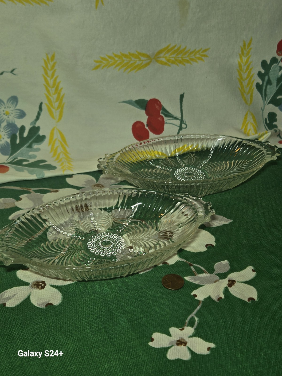 Pair of Depression era Feather Pattern Oval Pressed Glass Mint Tray