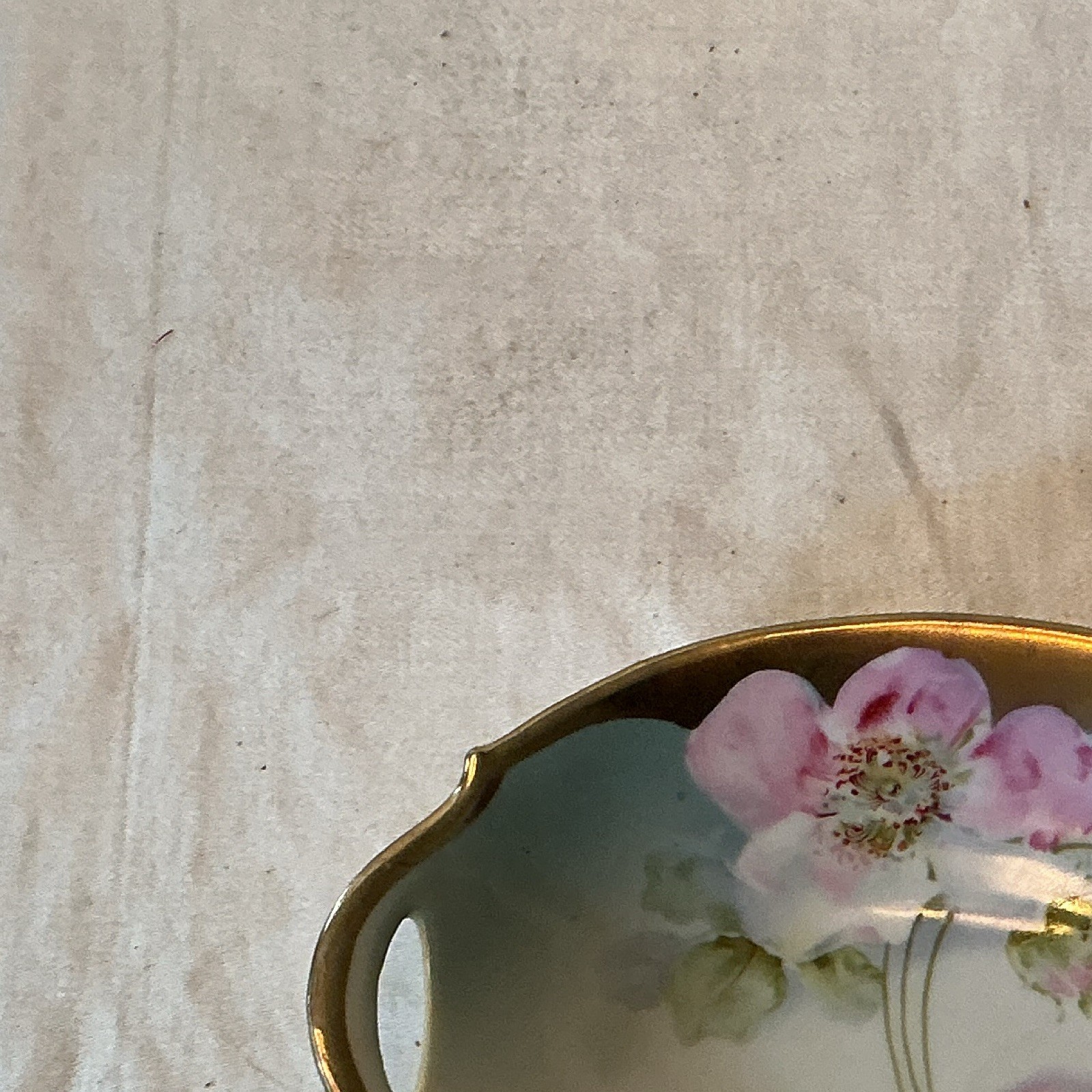 Hand Painted Floral Porcelain Handled Dish, White Pink Green Gold Trim