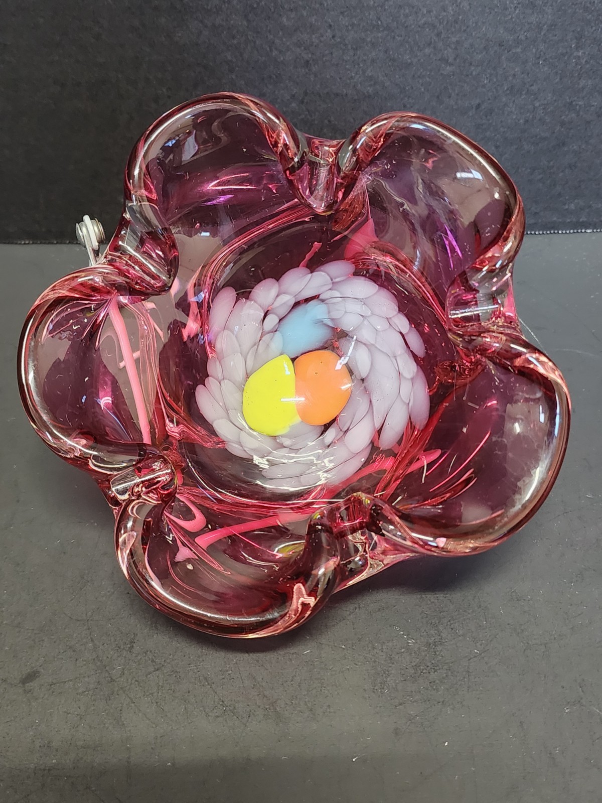 Bohemian Glass Bowl Pinched Side Purple Orange Swirled Bottom
