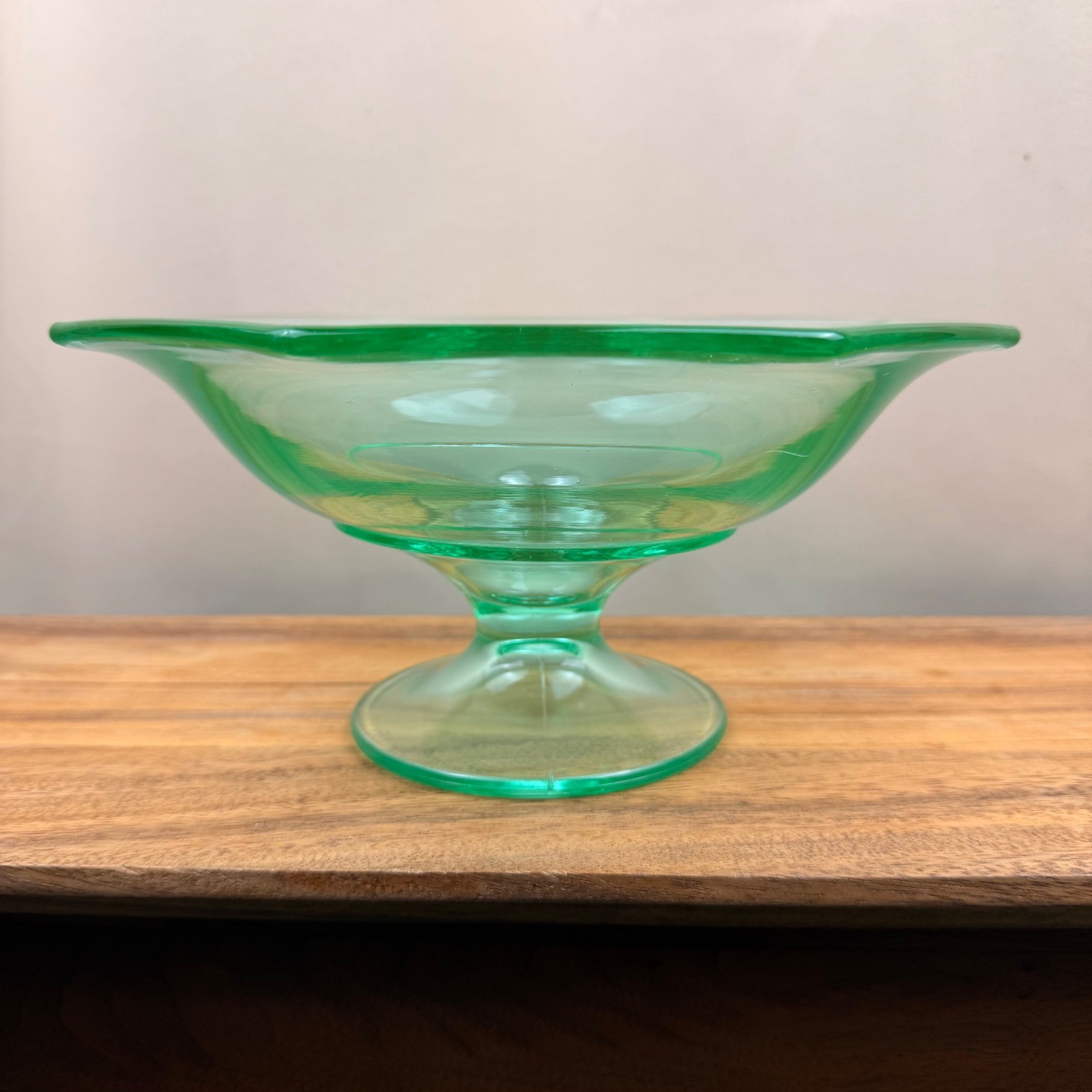 Vintage Green Uranium Glass Hexagon Pedestal Bowl UV Glow Depression Glass 10″