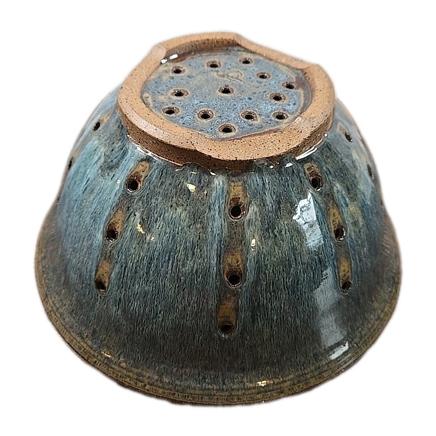 Glazed Pottery Vegetable Strainer Bowl Blue Beige Colander Heavy Kitchenware