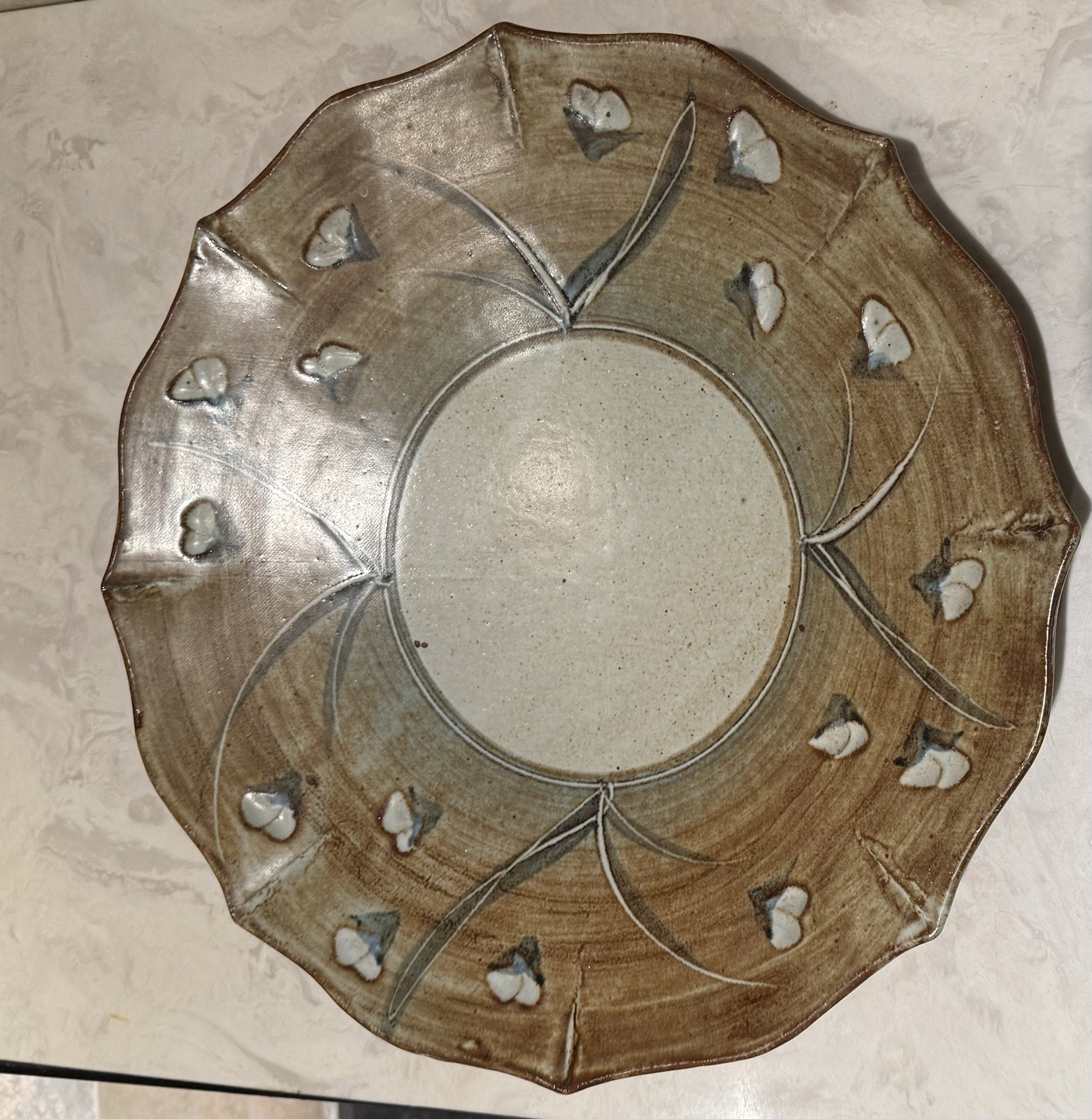 RARE 17″ Vtg NICOL Signed green, white Stoneware STUDIO ART Pottery Bowl Platter