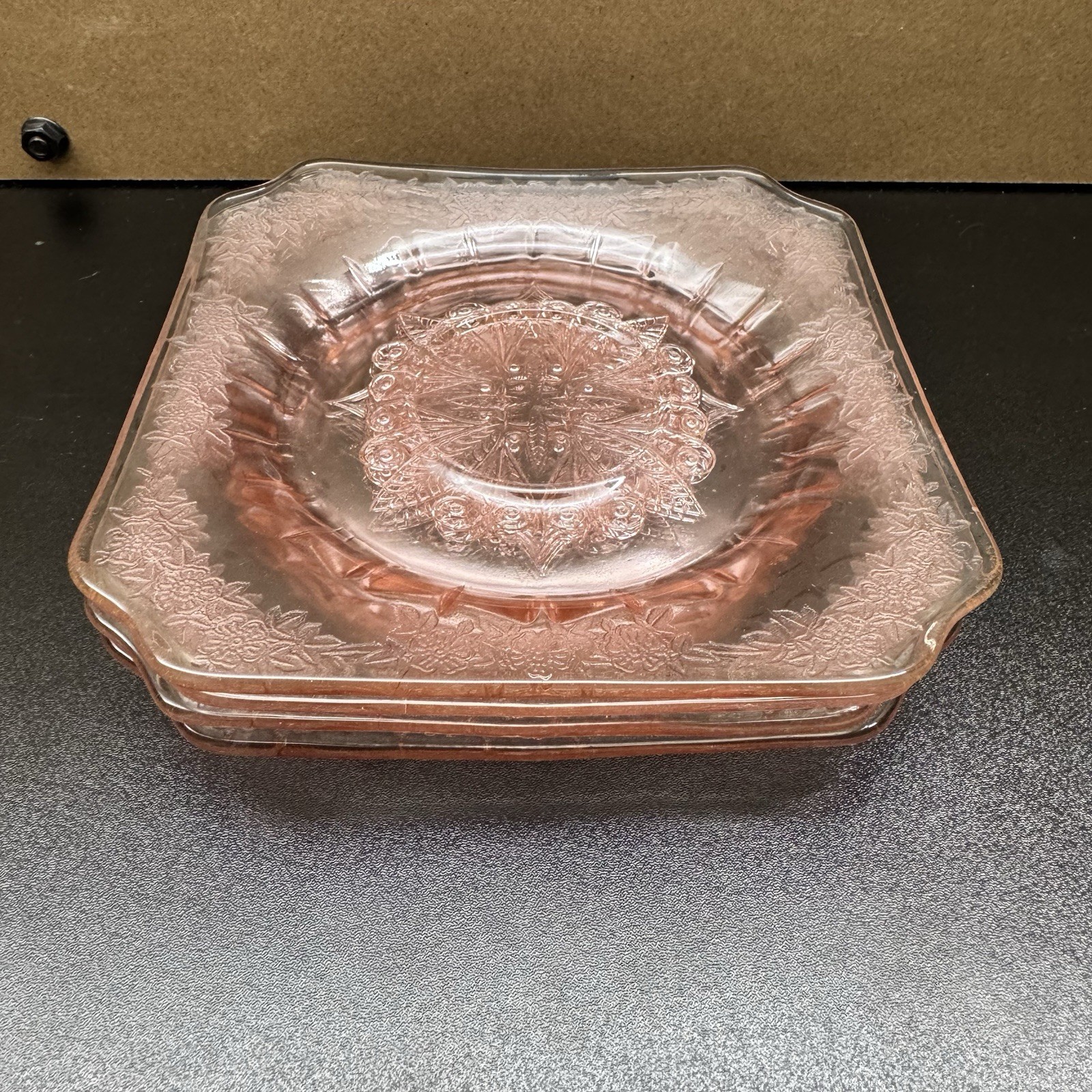 Jeannette Adam Pink Depression Glass Square 6” Plates Lot Of 4 1930s