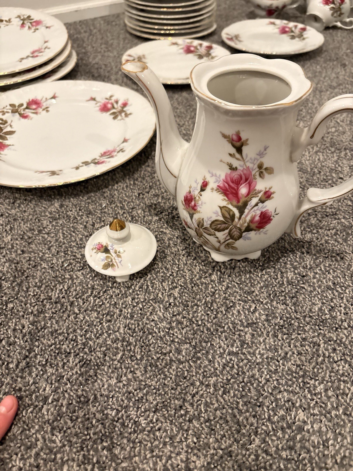 Unmarked Porcelain Floral Dinner Set White/Pink/Green w/ Gold Trim Teapot
