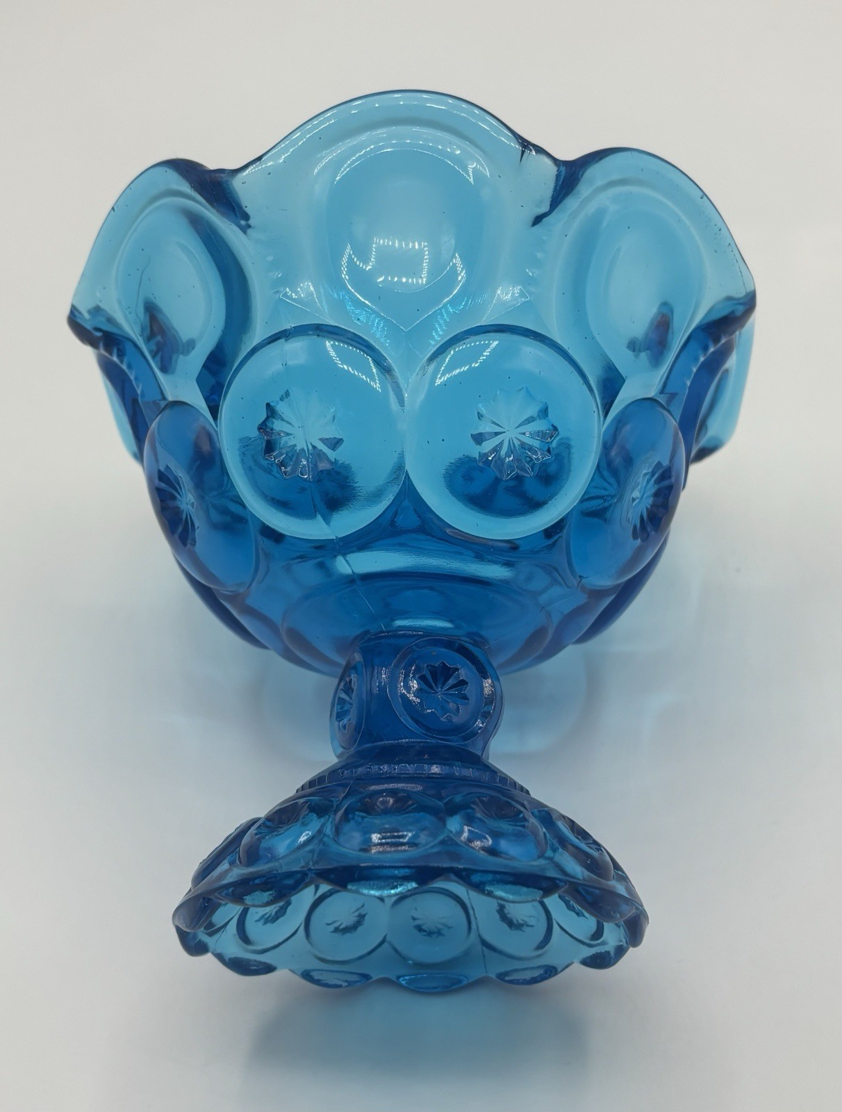 Vintage LE Smith Moon and Stars Compote Footed Bowl Dish Blue Glass Console