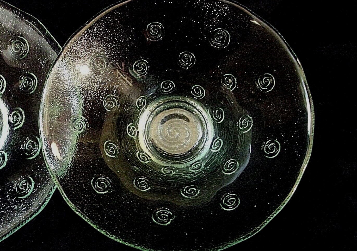 FOUR PIECE SET of GREEN TINTED GLASS BOWLS with MATCHING SAUCERS – SPIRALS!!