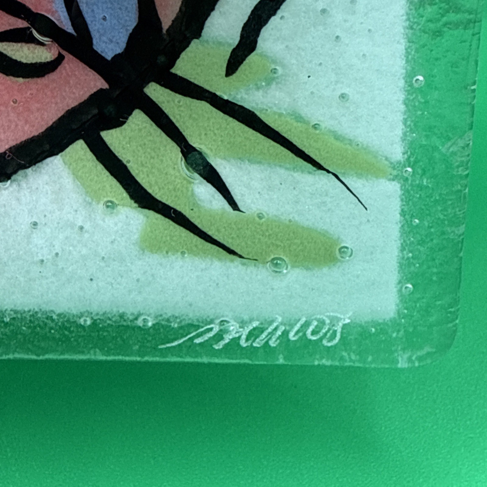 Peggy Karr 10″ Happy Easter Square Plate Fused Art glass signed Cartoon