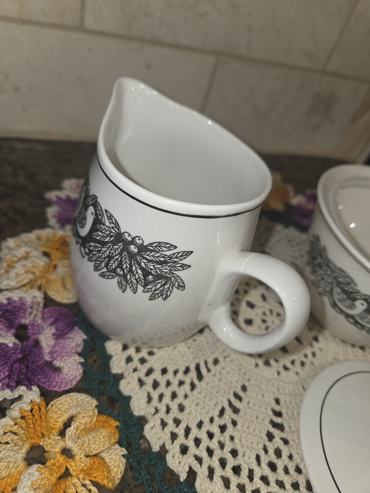 Set- Fransican Bird N Hand White Stoneware Creamer And Sugar Bowl