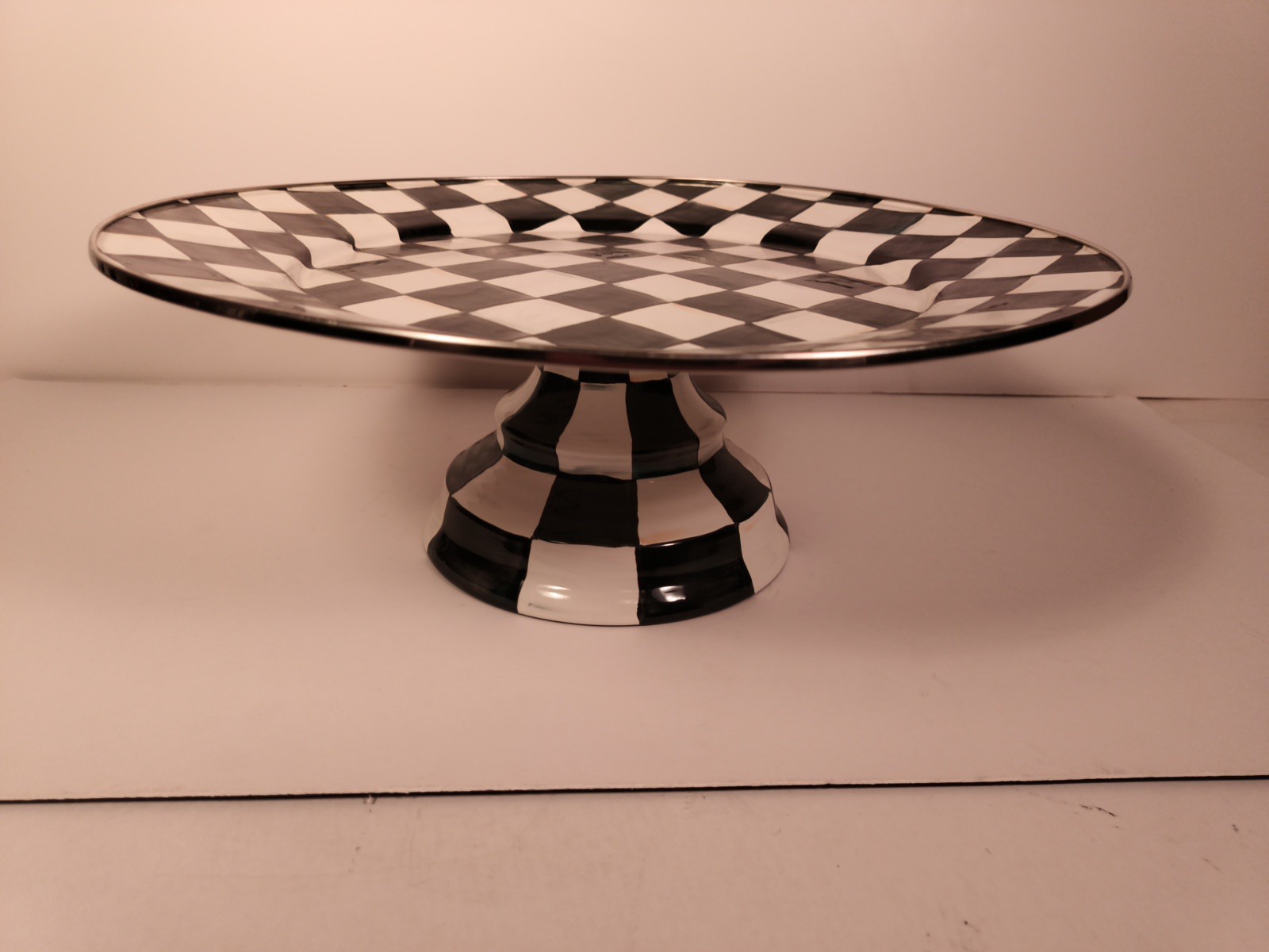 MacKenzie-Childs Courtly Check Large 16″ Round Pedestal Platter Great Condition
