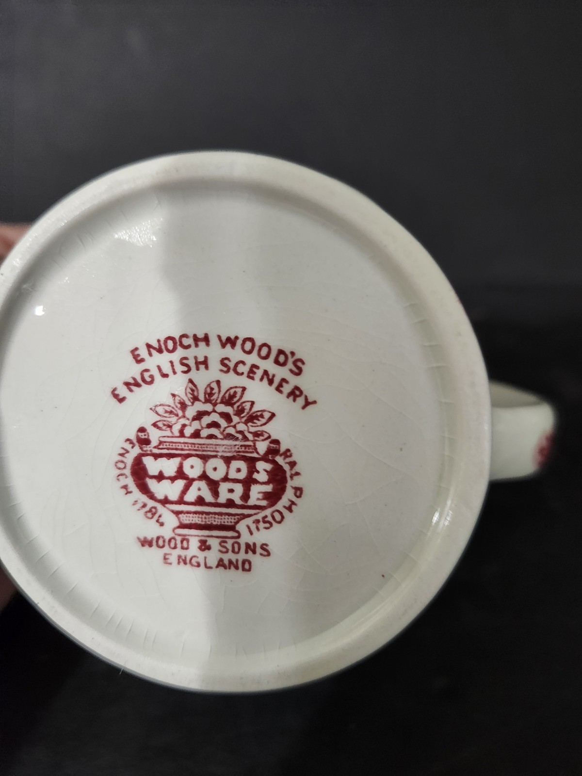 Woods & Sons Farm Scene Red Transferware Pitcher 3″ Tall