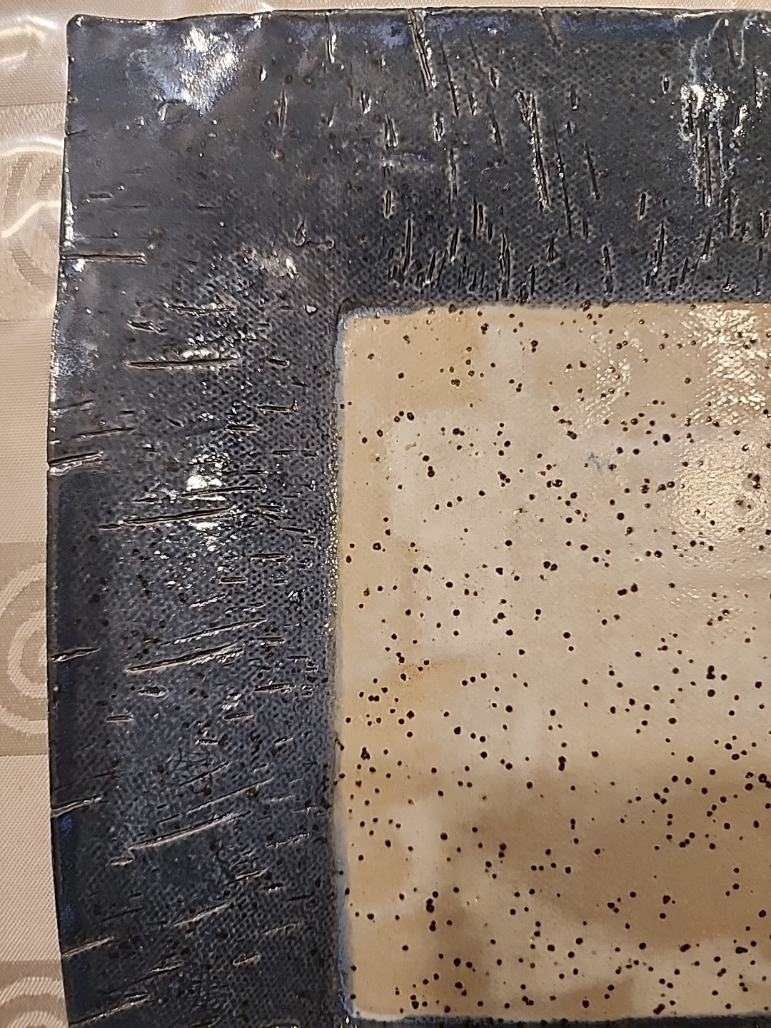 2 Studio Pottery Square Plates Hand Thrown Blue Tan Clay Stamped/Signed 9”, 5.6″