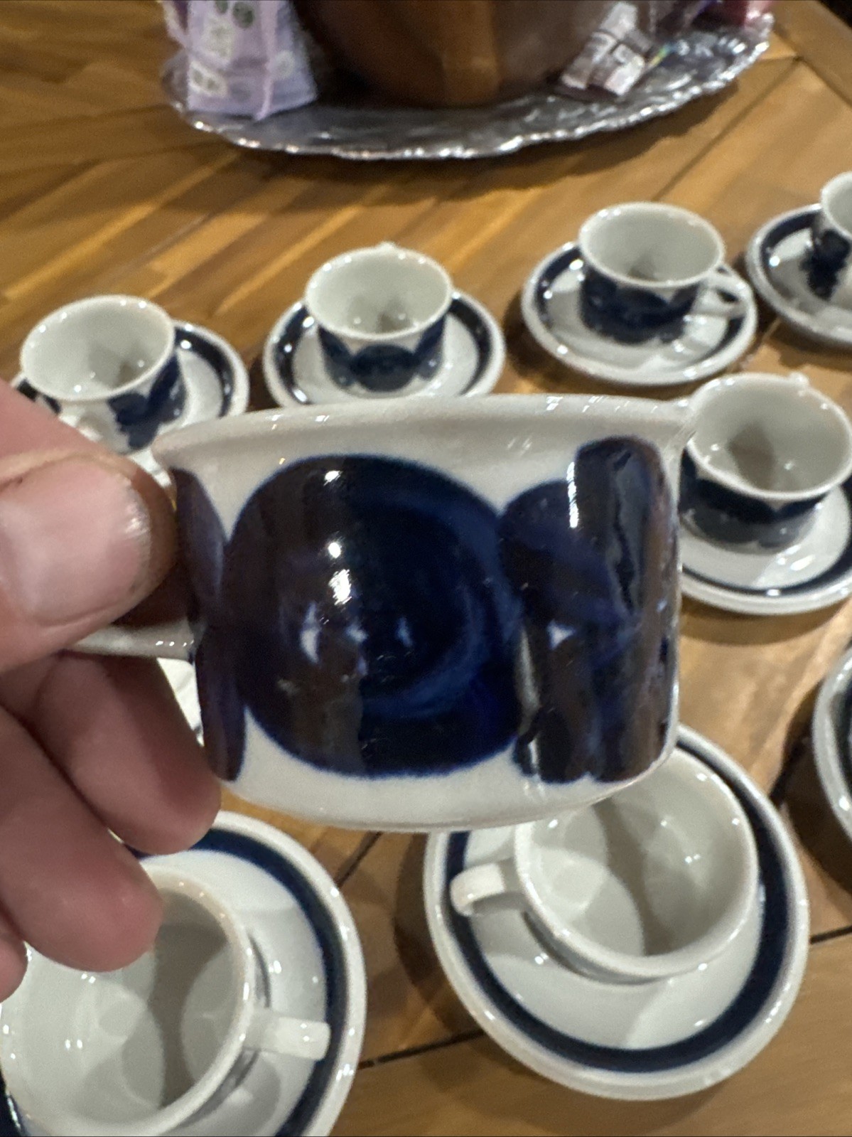 Set Of 12 Arabia Finland Anemone Blue Coffee Tea Mug Cups & Saucers 3 1/2″ Rare