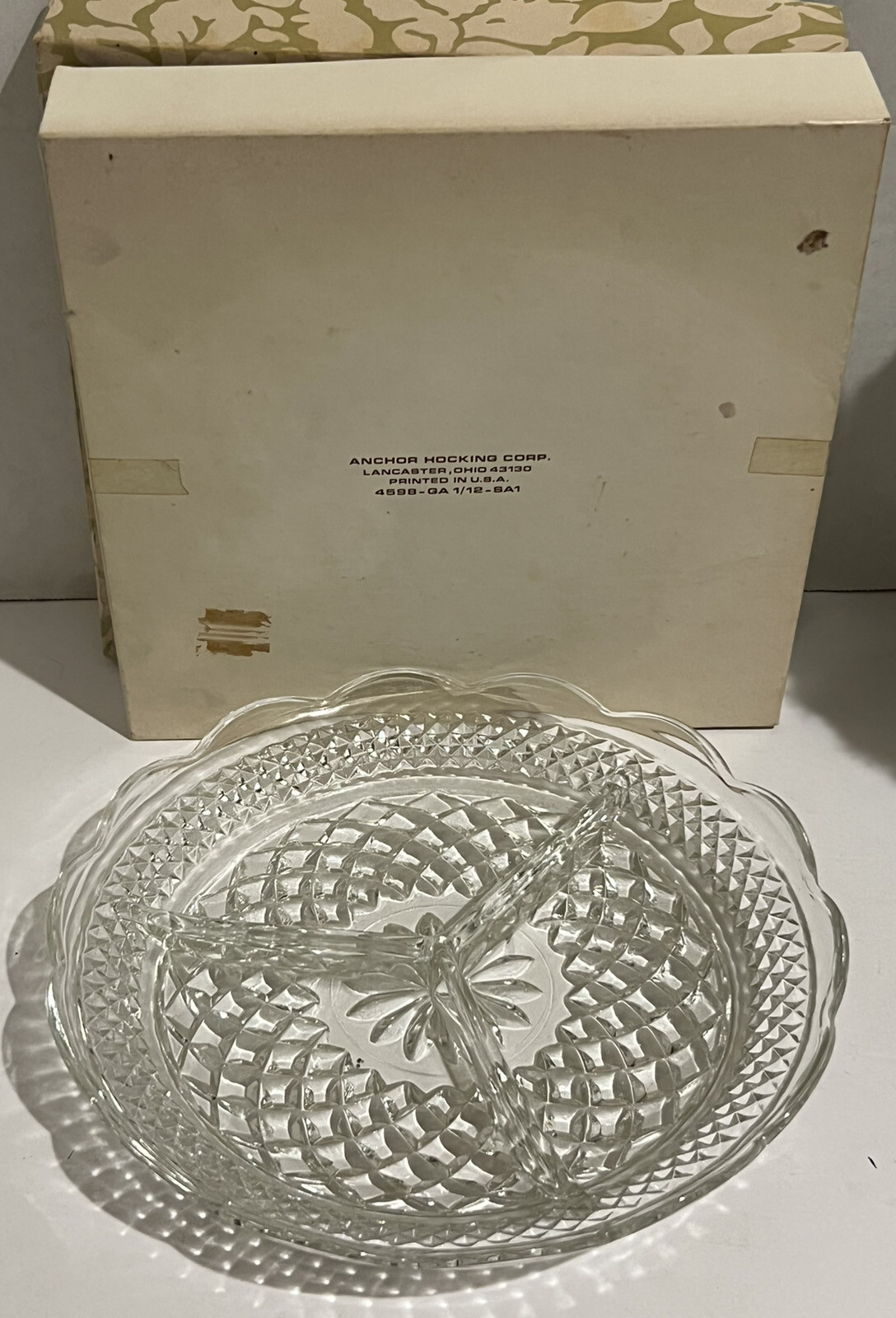 Wexford Crystal Anchor Hocking Glass 8 1/2″ Divided Dish In Original Box Vintage