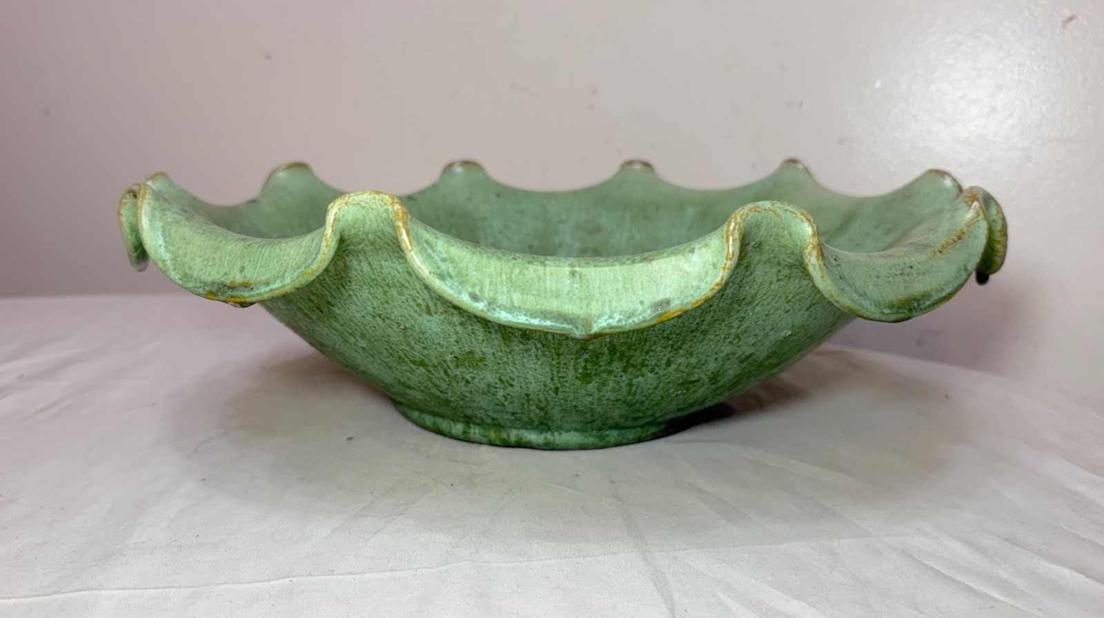 LARGE antique handmade North Carolina US green glaze centerpiece pottery bowl