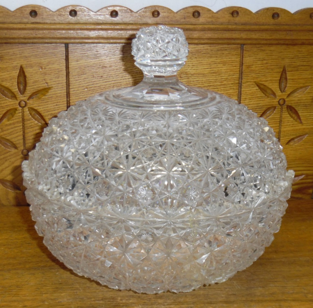 DAMAGED Antique American Brilliant Cut Glass Large Covered Dish – 9.5″ Diameter
