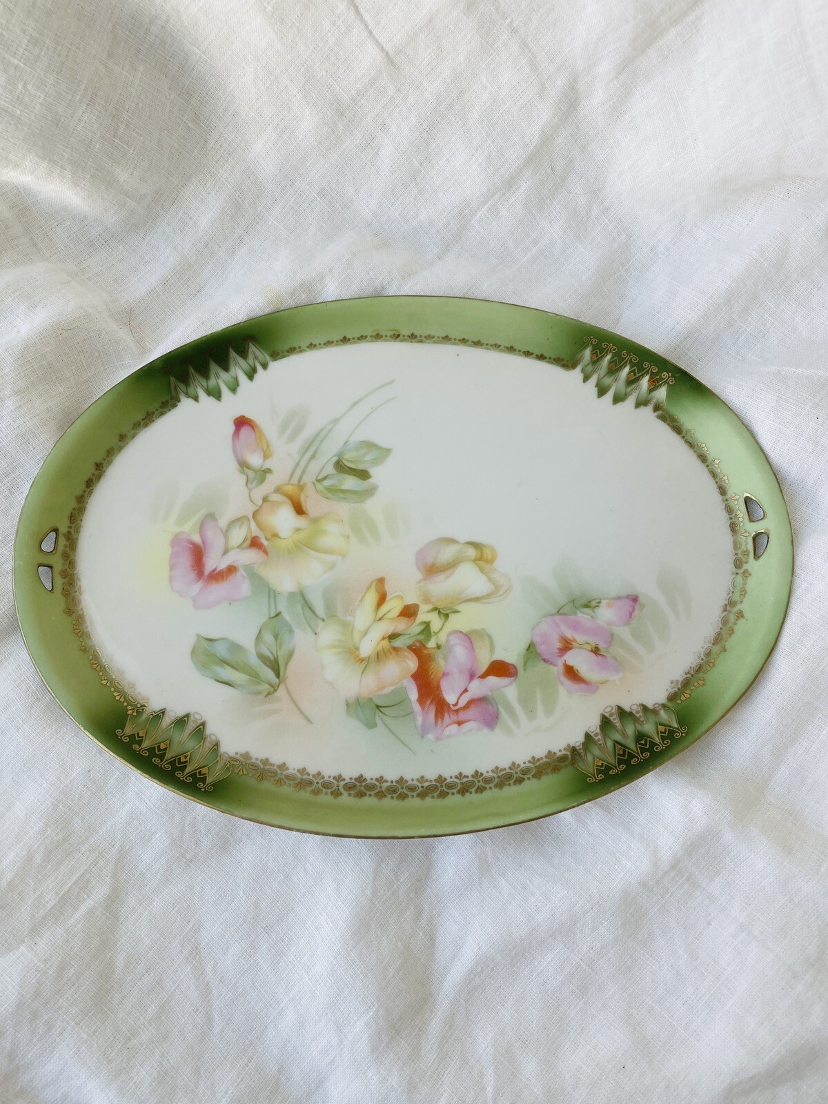 RS Prussia Red Star Germany Floral Open Handle Relish Dish 11″