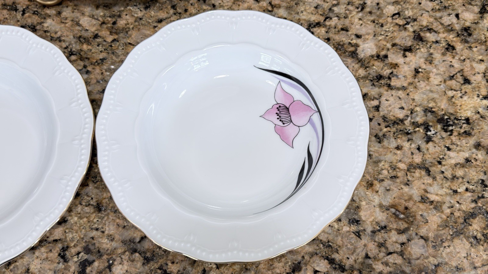 Vintage Danish Design Atelier Pink Floral Gold Trim Rim Soup Bowls Set of 3-9”