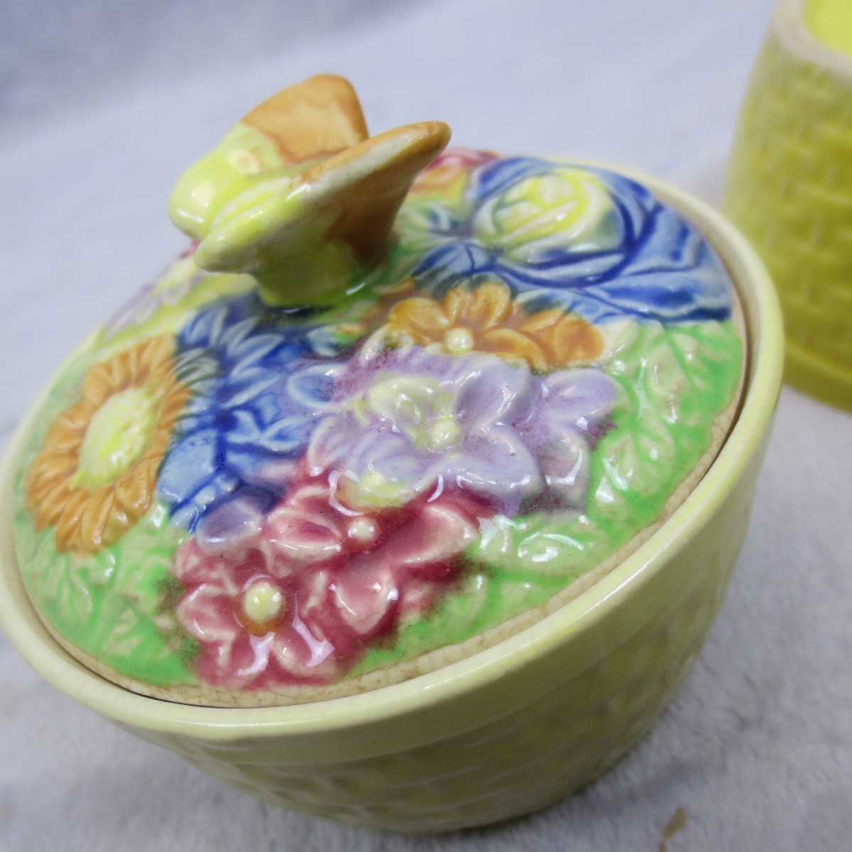 Pair Butterfly Flowers Covered Candy Trinket Dish Japan Majolica Hand Painted