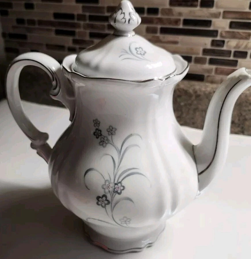 Hutschenreuther German ArzbergBavaria Tea Coffee Pot Porcelain White Gray Floral